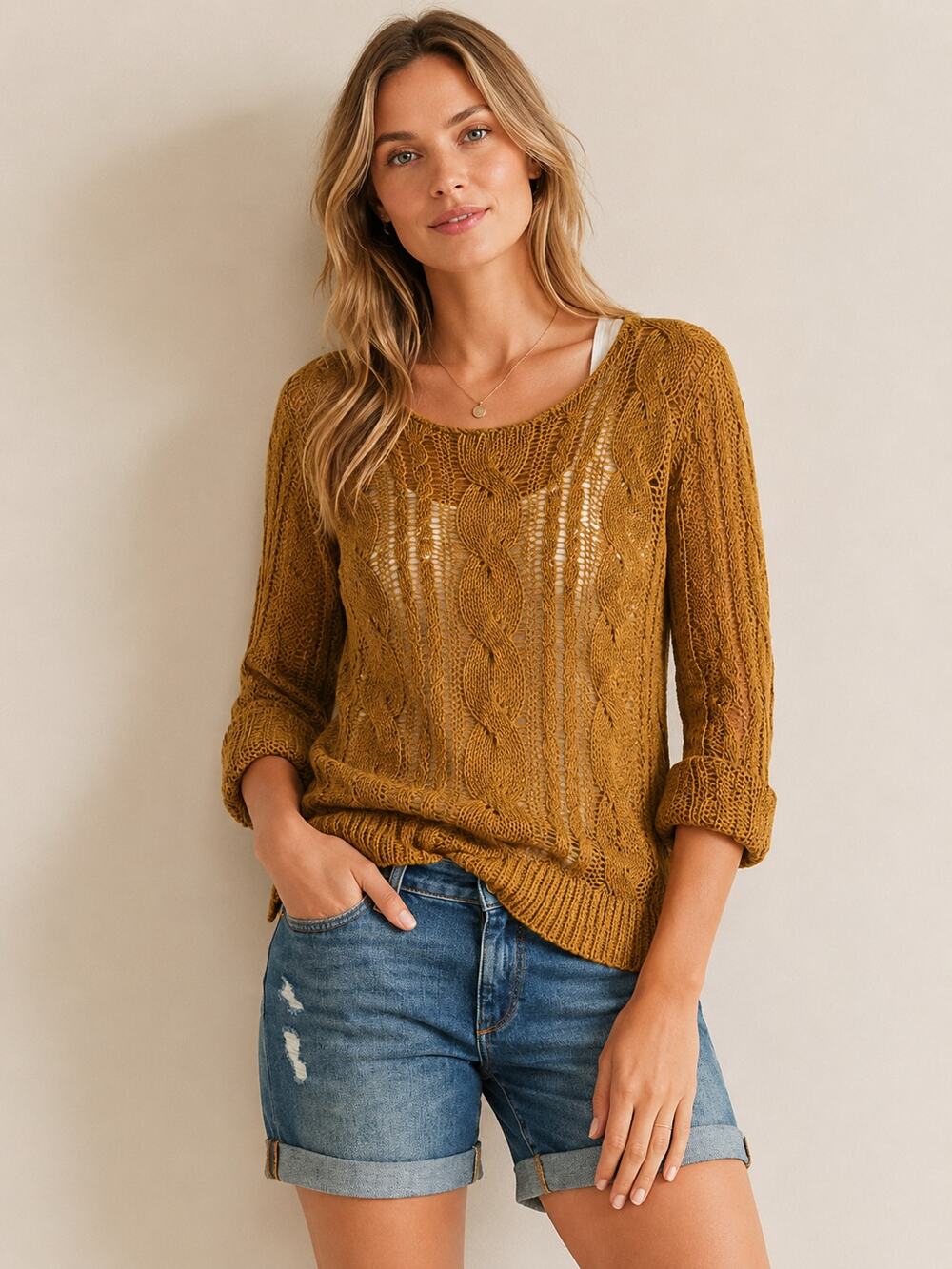Garnet Hill SZ M (8-10) Linen & Organic-Cotton Cabled Pullover Toffee Brown